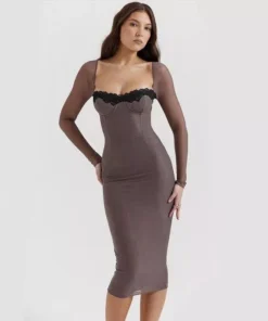 Elegant Lace Side Mesh Bandage Midi Dress