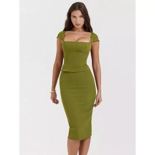 Green Sexy Women Two Piece Set – Square Collar Short Sleeve Tops And Midi Skirt Matching Sets - Image 4