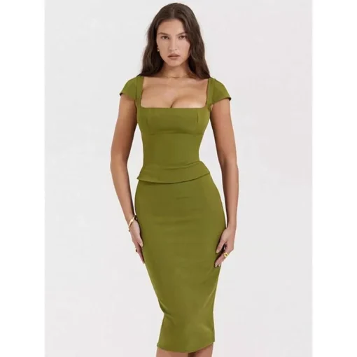 Green Sexy Women Two Piece Set – Square Collar Short Sleeve Tops And Midi Skirt Matching Sets - Image 2