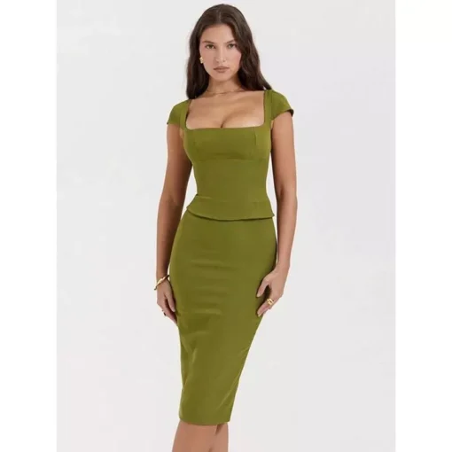 Green Sexy Women Two Piece Set – Square Collar Short Sleeve Tops And Midi Skirt Matching Sets - Image 3