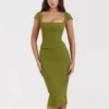 Green Sexy Women Two Piece Set – Square Collar Short Sleeve Tops And Midi Skirt Matching Sets