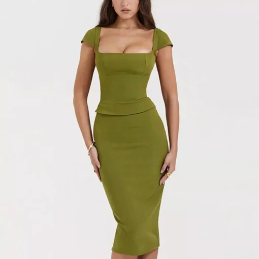 Green Sexy Women Two Piece Set – Square Collar Short Sleeve Tops And Midi Skirt Matching Sets