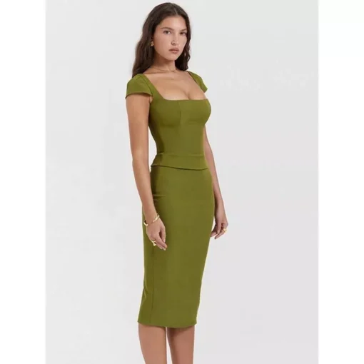 Green Sexy Women Two Piece Set – Square Collar Short Sleeve Tops And Midi Skirt Matching Sets - Image 5