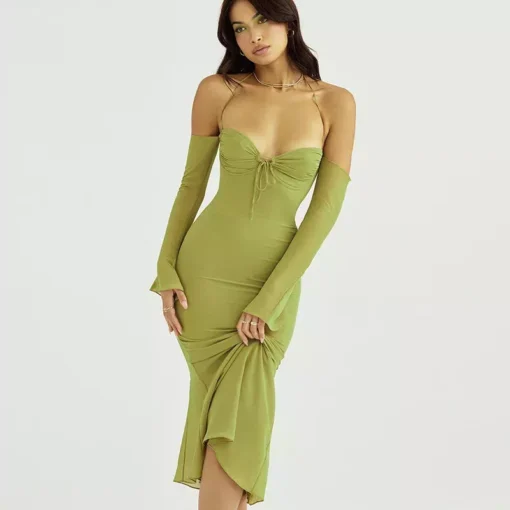 Elegant Off-Shoulder Lace-Up Mesh Midi Dress - Image 6