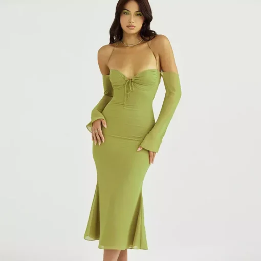 Elegant Off-Shoulder Lace-Up Mesh Midi Dress - Image 10