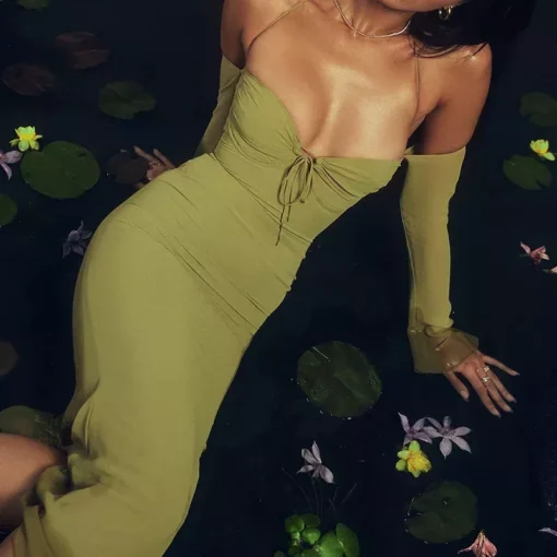 Elegant Off-Shoulder Lace-Up Mesh Midi Dress - Image 3