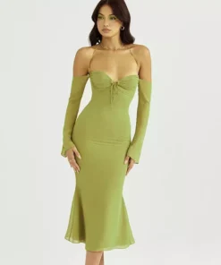 Elegant Off-Shoulder Lace-Up Mesh Midi Dress