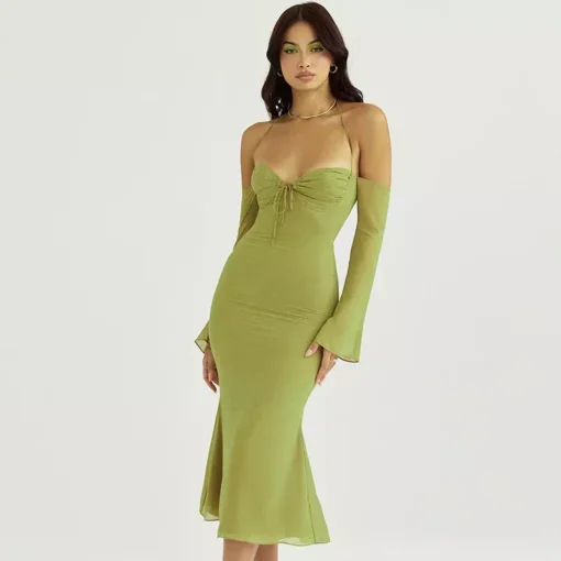 Elegant Off-Shoulder Lace-Up Mesh Midi Dress - Image 8