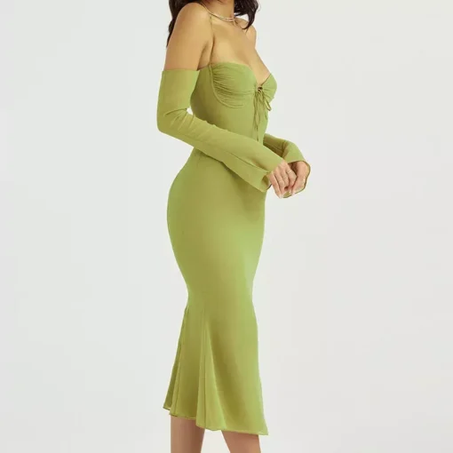 Elegant Off-Shoulder Lace-Up Mesh Midi Dress - Image 5