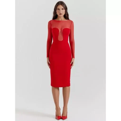 Elegant Midi Dress with Sheer Long Sleeves - Image 2