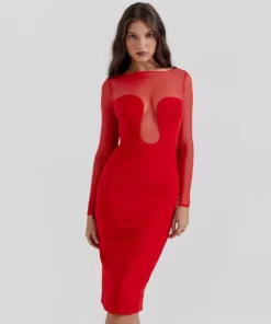 Elegant Midi Dress with Sheer Long Sleeves