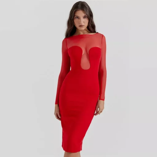 Elegant Midi Dress with Sheer Long Sleeves