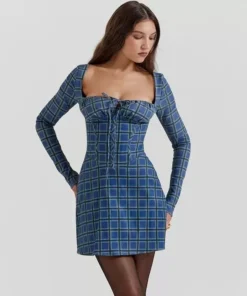 Chic Tartan Backless Mini Dress with Square Collar and Lace-Up Detail