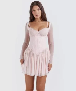 Backless Lace Mesh Mini Dress: Long Sleeve, Square Collar, Ruched Design for Evening Parties