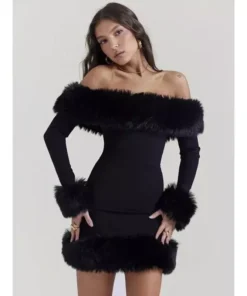 Elegant Off-Shoulder Fur-Trimmed Bodycon Mini Dress
