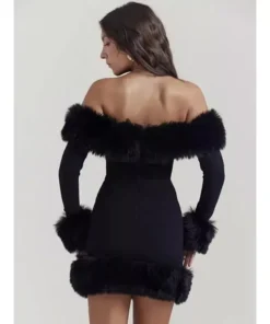 Elegant Off-Shoulder Fur-Trimmed Bodycon Mini Dress