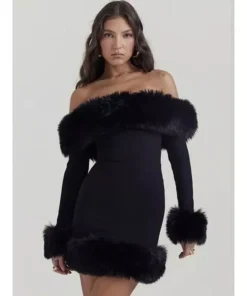 Elegant Off-Shoulder Fur-Trimmed Bodycon Mini Dress