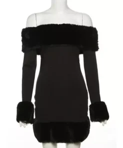 Elegant Off-Shoulder Fur-Trimmed Bodycon Mini Dress
