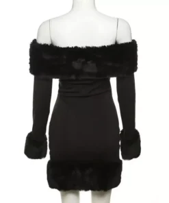 Elegant Off-Shoulder Fur-Trimmed Bodycon Mini Dress