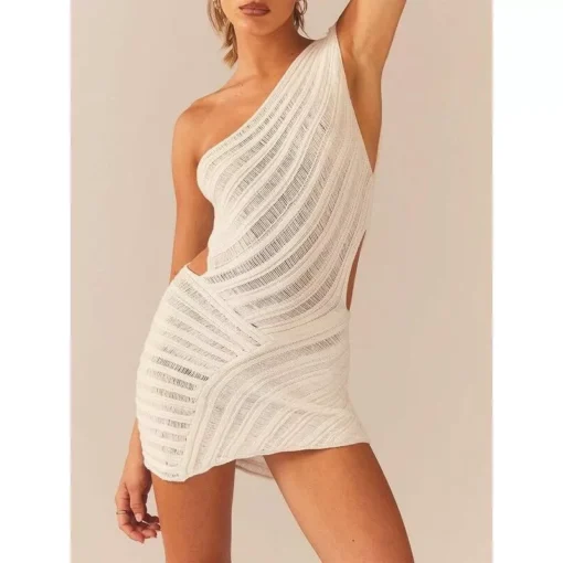 Y2K Crochet Knit One-Shoulder Backless Bodycon Mini Dress – Summer Beach & Streetwear