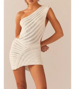 Y2K Crochet Knit One-Shoulder Backless Bodycon Mini Dress – Summer Beach & Streetwear