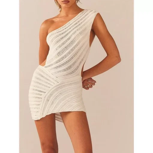 Y2K Crochet Knit One-Shoulder Backless Bodycon Mini Dress – Summer Beach & Streetwear