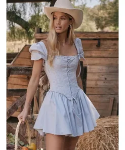 Elegant Puff Sleeve Square Collar Mini Dress