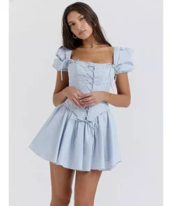 Elegant Puff Sleeve Square Collar Mini Dress
