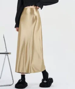 Elegant High Waist Silver Satin Maxi Skirt