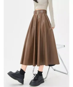 Elegant High-Waist Faux Leather Skirt with Belt