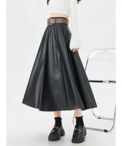 Elegant High-Waist Faux Leather Skirt with Belt