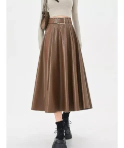 Elegant High-Waist Faux Leather Skirt with Belt