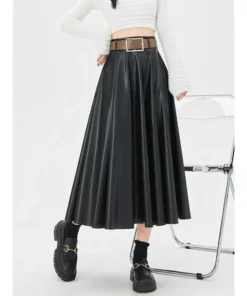 Elegant High-Waist Faux Leather Skirt with Belt