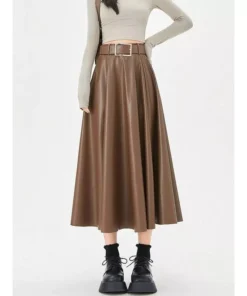 Elegant High-Waist Faux Leather Skirt with Belt