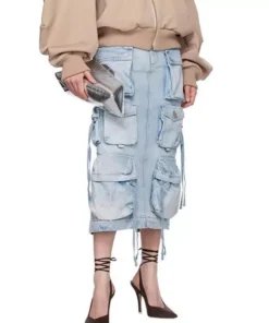 High Waist Denim Skirt with Distressed Detail and Ribbon Slit