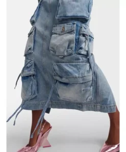High Waist Denim Skirt with Distressed Detail and Ribbon Slit