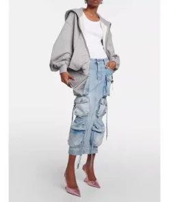 High Waist Denim Skirt with Distressed Detail and Ribbon Slit