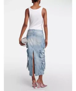 High Waist Denim Skirt with Distressed Detail and Ribbon Slit