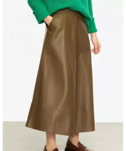 Elegant Autumn Ankle-Length A-Line Leather Midi Skirt for Women