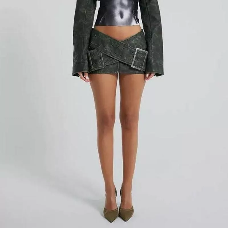 Cyberpunk Y2K Faux Leather Wrap-Around Micro Mini Skirt with Belt