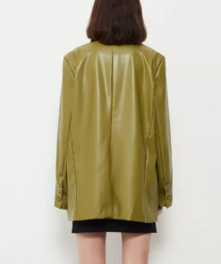 Leather Blazer Coat – Vintage Green Single Breasted