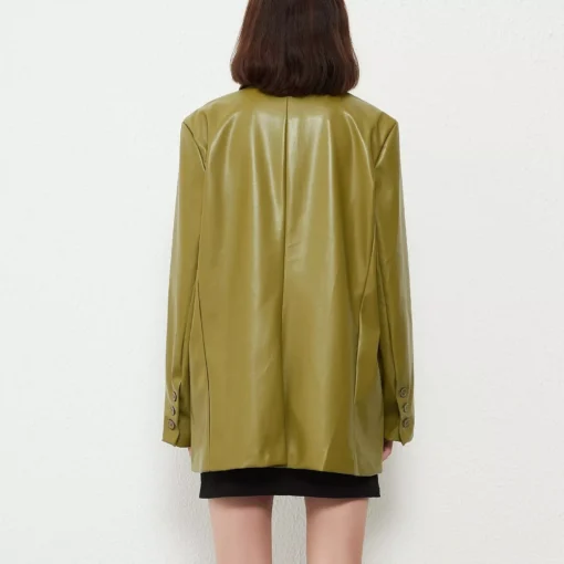 Leather Blazer Coat – Vintage Green Single Breasted