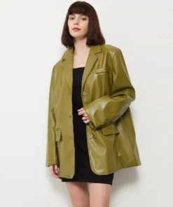 Leather Blazer Coat – Vintage Green Single Breasted