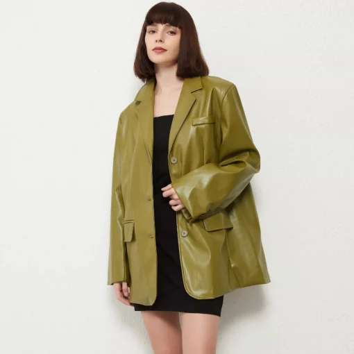 Leather Blazer Coat – Vintage Green Single Breasted