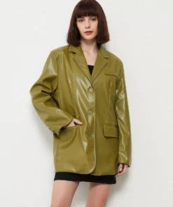Leather Blazer Coat – Vintage Green Single Breasted
