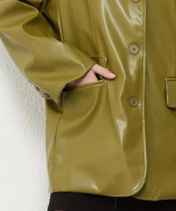 Leather Blazer Coat – Vintage Green Single Breasted