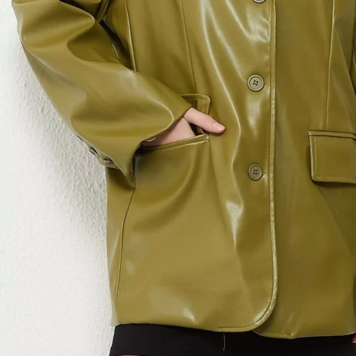 Leather Blazer Coat – Vintage Green Single Breasted