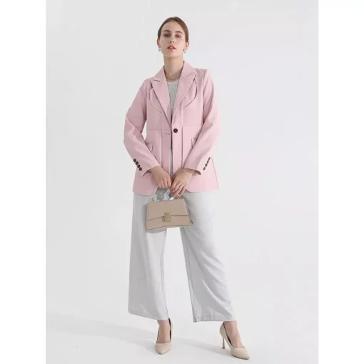 Women’s Solid Color Blazer with Notched Collar and Unique Folds