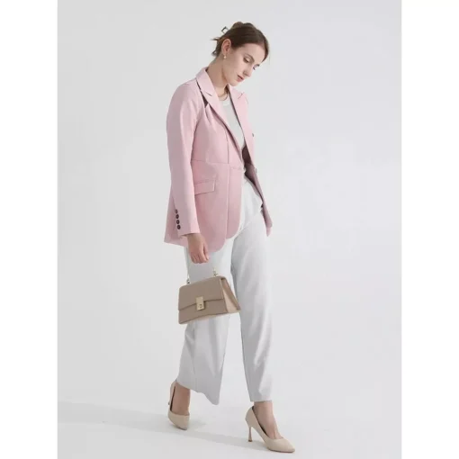Women’s Solid Color Blazer with Notched Collar and Unique Folds