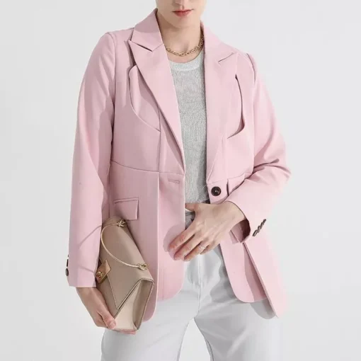 Women’s Solid Color Blazer with Notched Collar and Unique Folds